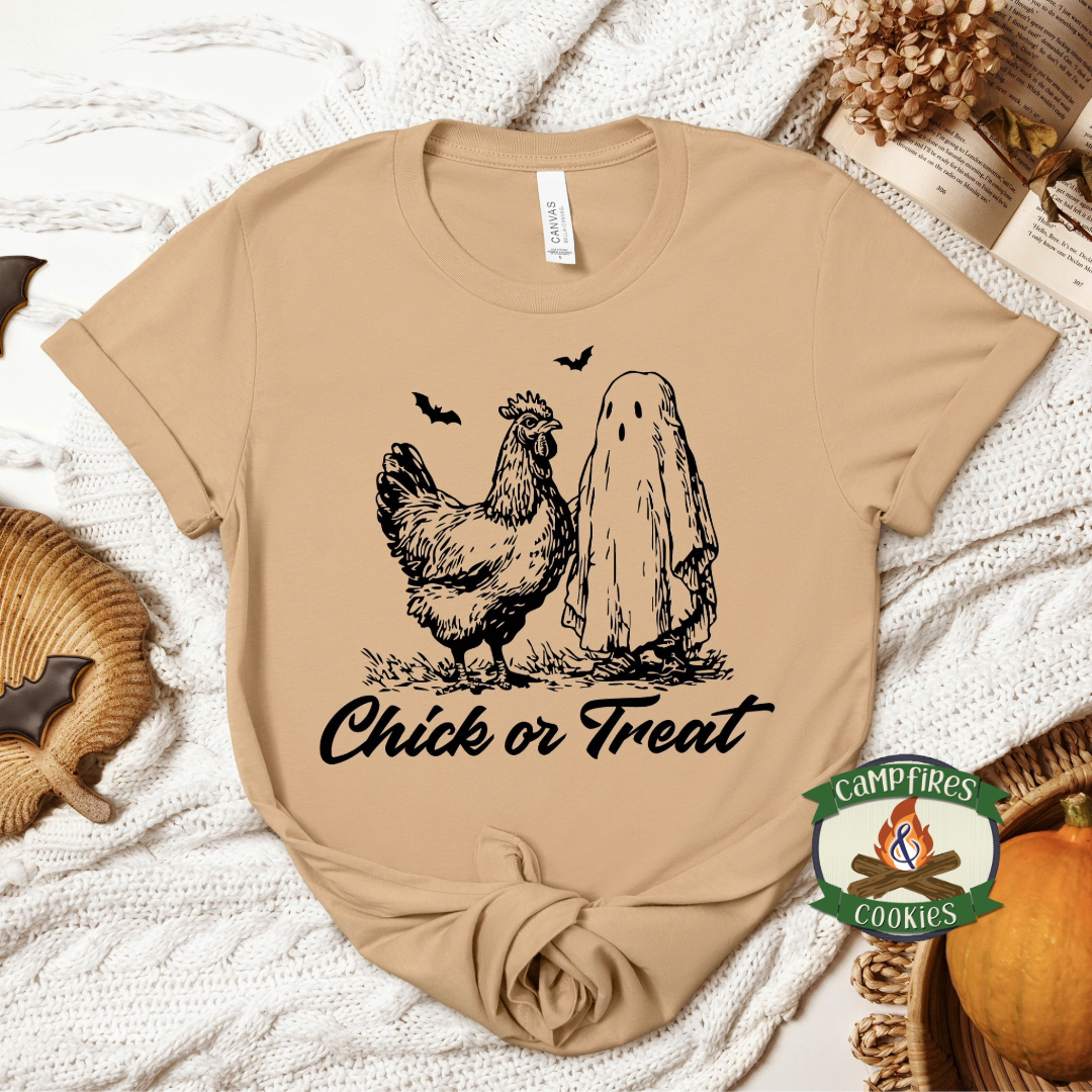Chick or Treat Graphic Apparel – Halloween Chicken & Ghost Shirt