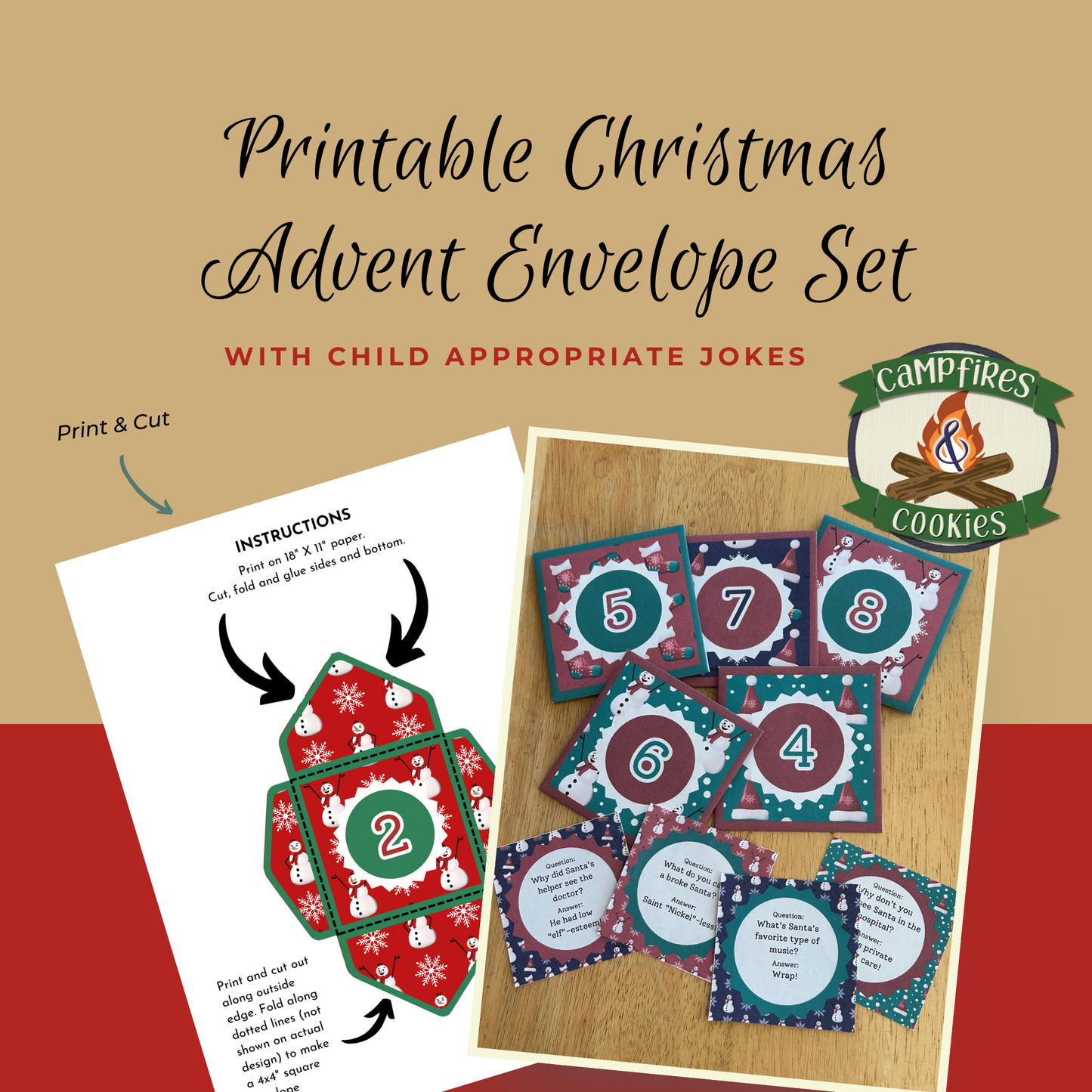 Printable Christmas Advent Envelopes with Child Appropriate Jokes - Traditional Colors