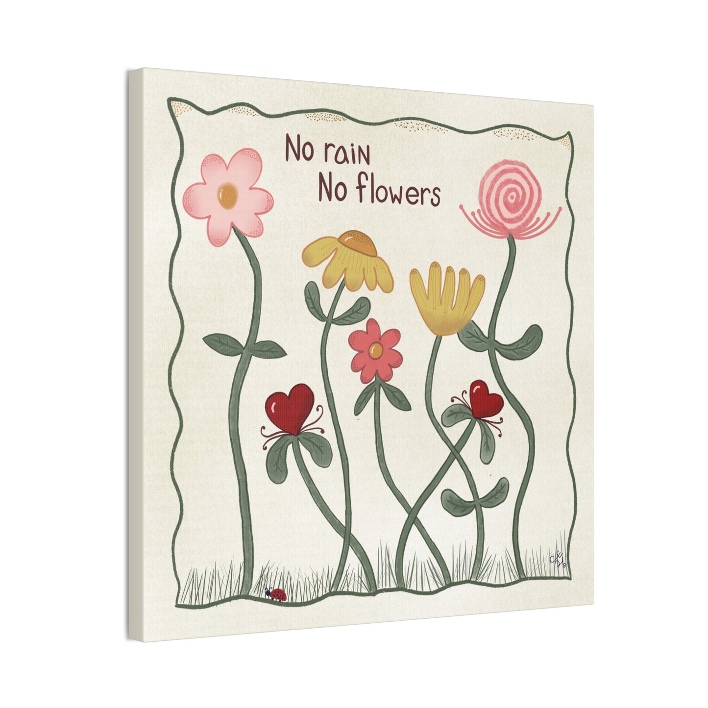 No Rain No Flowers Canvas Wall Art — Whimsical Floral Quote Print