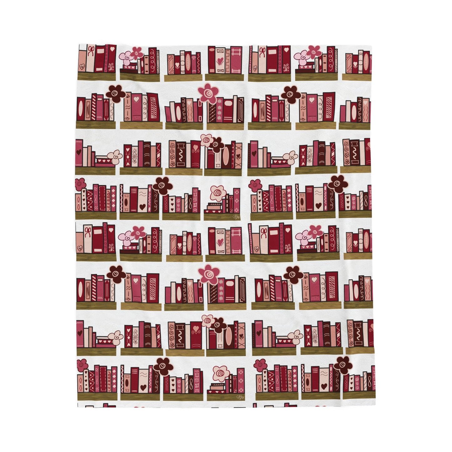 Booklover Velveteen Plush Blanket — Cozy Pink Bookshelf Throw