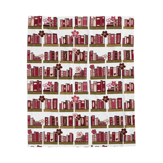 Booklover Velveteen Plush Blanket — Cozy Pink Bookshelf Throw