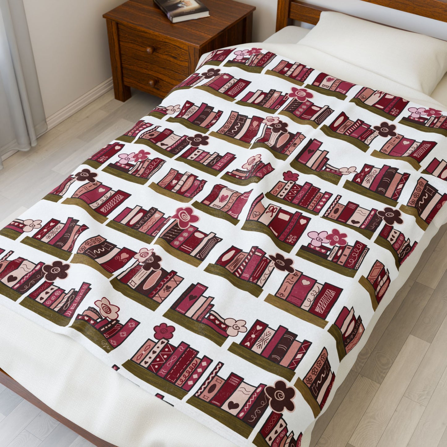 Booklover Velveteen Plush Blanket — Cozy Pink Bookshelf Throw