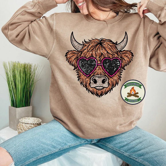 Highland Cow with Faux Sequin Glasses