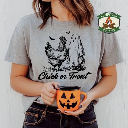 Chick or Treat Graphic Apparel – Halloween Chicken & Ghost Shirt