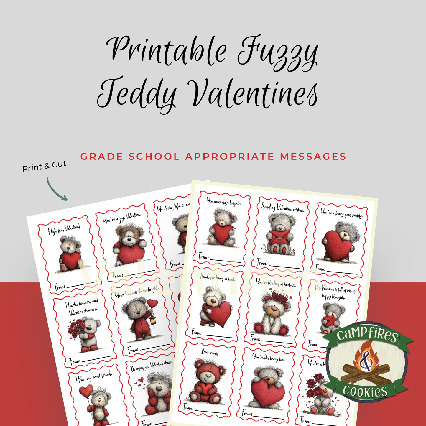 Fuzzy Teddy Printable Valentines – 36 Unique Cards for Classroom Kindness