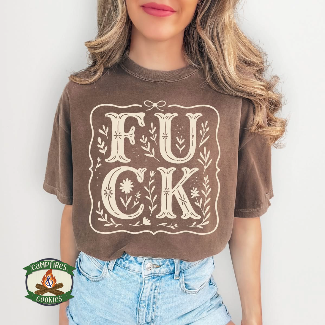 Ornate F*CK Block Graphic Tee – Hand-Pressed Vintage Floral Lettering