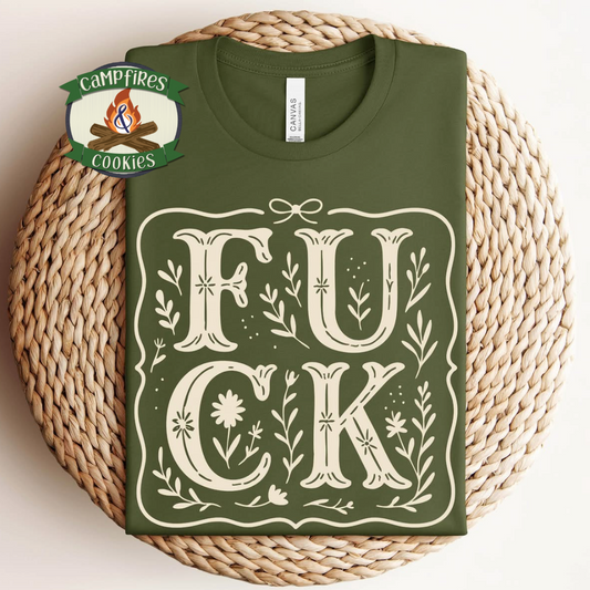 Ornate F*CK Block Graphic Tee – Hand-Pressed Vintage Floral Lettering