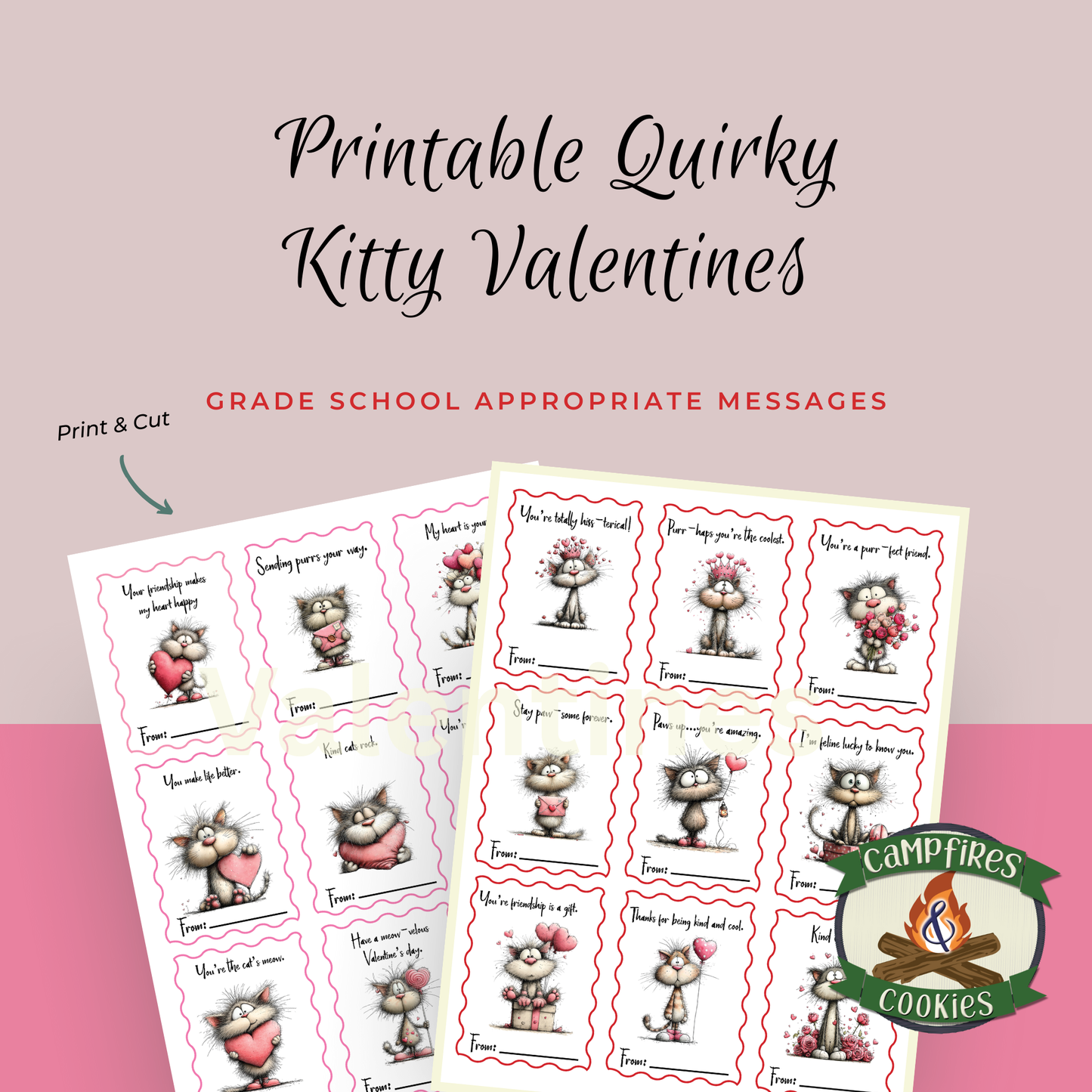 Quirky Kitty Printable Valentines – 36 Unique Cards for Classroom Kindness