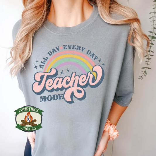 “All Day Every Day — Teacher Mode” Retro Rainbow Graphic Apparel
