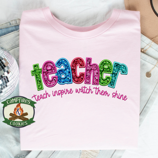 Faux Glitter Rainbow Teacher Shirt – Teach, Inspire, Watch Them Shine