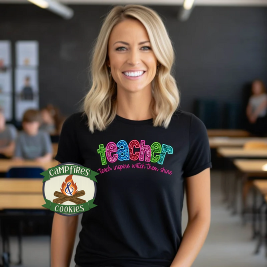 Faux Glitter Rainbow Teacher Shirt – Teach, Inspire, Watch Them Shine